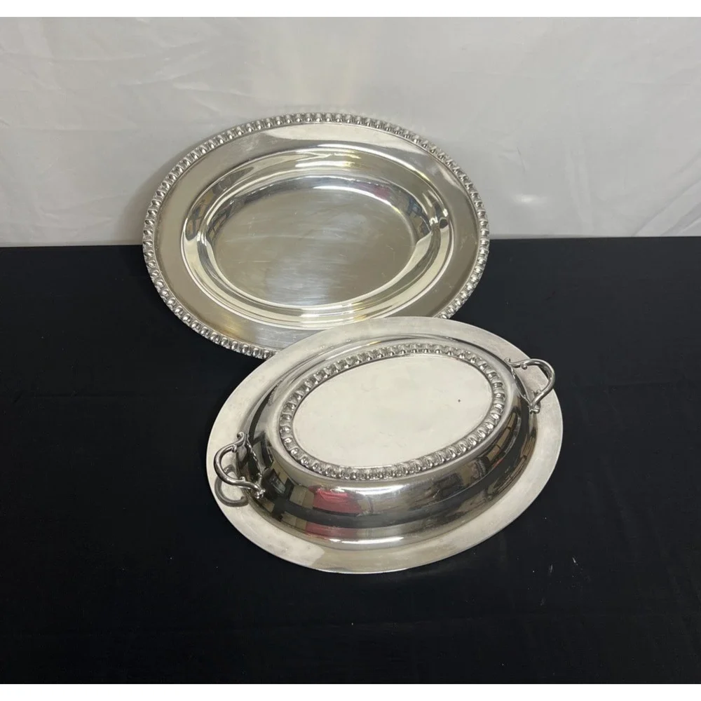 Vintage English Silver 2 Piece Covered Oval Serving Dish Silver-plated 11-1/2